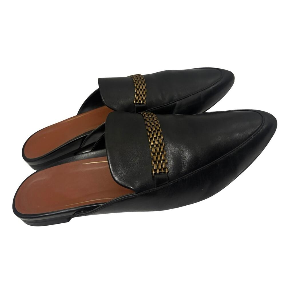 Vionic Starling Black Leather Mule Loafers Bronze Chain Slip On